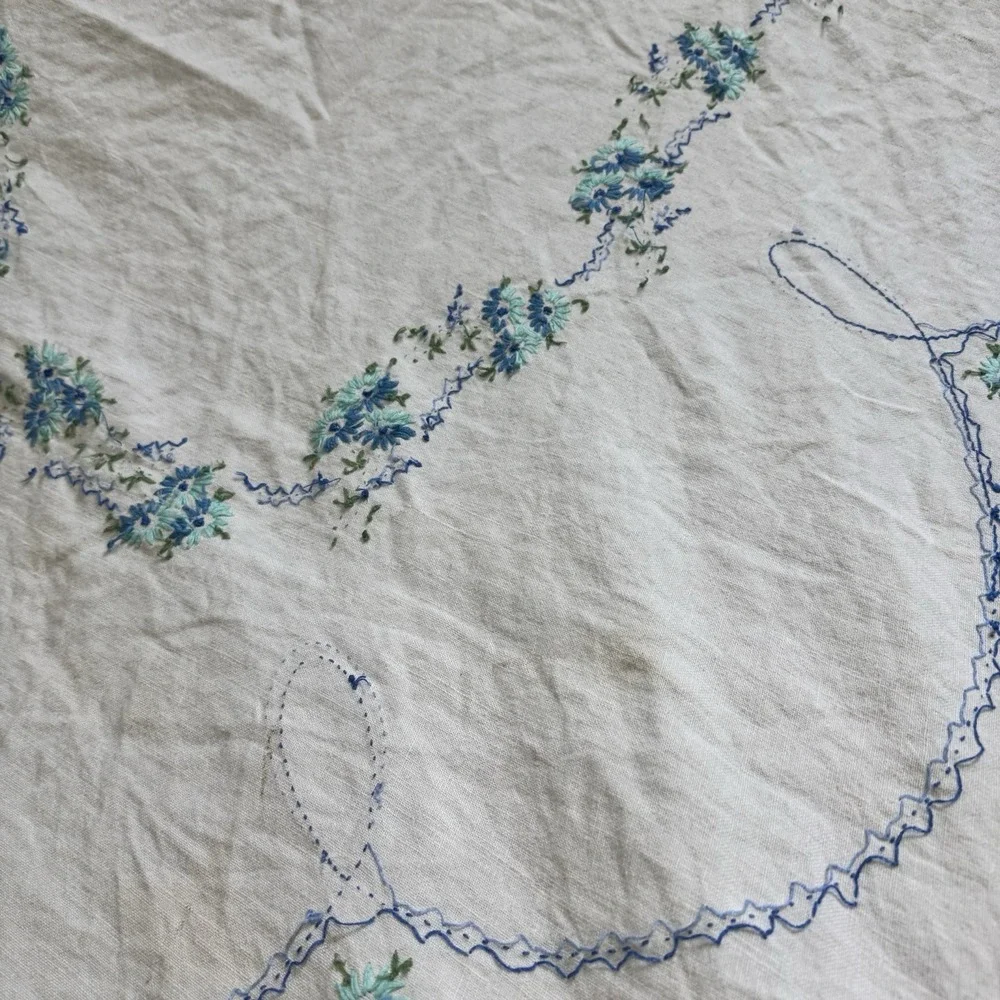 Blue Flower Hand Embroidered Rectangle Table Cloth 48